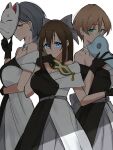  3girls armpits bare_shoulders black_dress black_gloves black_hair blue_eyes bow breasts brown_hair cleavage closed_mouth commentary_request cosplay dress eye_mask fox_mask gloves green_eyes grey_bow hair_bow hair_ornament harumiya_yukuri holding holding_mask ikizulive!_love_live!_bluebird in-franchise_crossover jellyfish_cut katsuragi_izumi large_breasts link!_like!_love_live! long_hair love_live! love_live!_nijigasaki_high_school_idol_club mask multiple_girls off-shoulder_dress off_shoulder orange_eyes osaka_shizuku osaka_shizuku_(cosplay) plague_doctor_mask short_hair simple_background smile solitude_rain_(love_live!) split-color_clothes syoma_(1026syoma) triangle_hair_ornament two-tone_dress white_background white_dress 