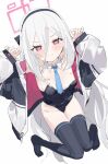  1girl arms_up black_leotard black_thighhighs blue_archive blue_necktie closed_mouth detached_collar hair_between_eyes halo highleg highleg_leotard highres jacket kei_(blue_archive) kei_(new_body)_(blue_archive) leotard long_hair long_hair_between_eyes long_sleeves looking_at_viewer measho necktie no_shoes pink_eyes pink_halo puffy_long_sleeves puffy_sleeves rectangular_halo simple_background solo strapless strapless_leotard thighhighs very_long_hair white_background white_hair white_jacket 