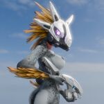 1:1 3_fingers alien anthro arm_feathers arm_tuft armor avian avian_caruncle breasts butt feather_hair feathered_crest feathers female fingers gas_mask glowing glowing_eyes grey_body grey_scales halo_(series) head_crest headgear headgear_only helmet helmet_only hi_res kig-yar mask microsoft nipples non-mammal_breasts nude pink_eyes plasma_pistol pseudo_hair scales scalie side_boob sky sky_background skyscape solo syn_cah synca t'vaoan tuft xbox_game_studios yellow_body yellow_feathers 