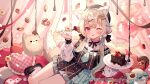  1girl ;p absurdres amakami_konomi amakami_konomi_(artist) animal_ear_fluff animal_ears balloon blonde_hair blue_hair blue_necktie blush bow cake cake_slice candy chocolate_cake commentary_request cookie curtains dog_ears dog_girl dog_tail evening food fork frilled_sailor_collar frills fruit hair_bow hair_ornament heart heart-shaped_pillow heart-shaped_pupils heart_balloon highres holding holding_fork holding_plate indie_virtual_youtuber indoors knees long_hair love_letter low_twintails mary_janes multicolored_hair name_tag necktie on_bed one_eye_closed pillow plate pom_pom_(clothes) pom_pom_hair_ornament sailor_collar shoes short_necktie skirt socks solo strawberry streaked_hair stuffed_toy symbol-shaped_pupils tail thighs tongue tongue_out twintails white_socks x_hair_ornament 
