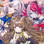  3girls ahoge anya_melfissa anya_melfissa_(1st_costume) aqua_eyes asymmetrical_bangs black_bow black_dress blonde_streaks blue_dress blunt_bangs blunt_ends bow bowtie braid braided_bangs brown_hair center_frills choker closed_mouth clothing_cutout commentary detached_sleeves diamond-shaped_pupils diamond_(shape) double-parted_bangs double_bun dress english_commentary feather_hair_ornament feathers frilled_dress frilled_sleeves frills gradient_hair grey_hair grin hair_bow hair_bun hair_ornament half-closed_eyes heart heart_choker highres hololive hololive_indonesia holoro index_finger_raised kris_hair_ornament kureiji_ollie kureiji_ollie_(1st_costume) looking_at_viewer mismatched_pupils multicolored_hair multiple_girls open_mouth outline patchwork_skin pavolia_reine pavolia_reine_(1st_costume) purple_eyes red_bow red_bowtie red_hair side_ponytail skin_tight sleeveless sleeveless_dress smile stitched_face stitched_torso stitches stomach_cutout streaked_hair swept_bangs symbol-shaped_pupils torn_clothes torn_dress two-tone_hair two_side_up virtual_youtuber wavy_hair white_hair white_outline x-shaped_pupils zaki_zaki_zaki 