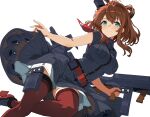  1girl absurdres belt bigkwl black_dress blue_eyes brown_hair closed_mouth commentary_request commission dress high_heels highres kantai_collection kneehighs neckerchief ponytail red_belt red_neckerchief red_socks saratoga_(kancolle) saratoga_mk_ii_(kancolle) side_ponytail simple_background skeb_commission skirt sleeveless smile smokestack_hair_ornament socks solo white_background 