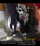  anthro bodily_fluids canid canid_demon canine demon dialogue electronics female genital_fluids genitals gesture hand_gesture hell hellaverse hellhound helluva_boss hi_res knottyknight loona_(helluva_boss) mammal middle_finger mythological_canine mythological_creature mythology navel peeing peeing_on_ground phone profanity red_eyes solo threatening threatening_violence toilet_paper urine urine_on_ground urine_pool urine_stream using_phone vulva 