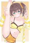  1girl :d ahoge aqua_eyes breasts brown_hair camisole cleavage commentary_request crop_top frilled_camisole frills grin hair_between_eyes hair_ornament hair_scrunchie highres hololive jacket kei_(keiillustrator) leg_up looking_at_viewer natsuiro_matsuri natsuiro_matsuri_(matsuri's_day_off) navel off_shoulder official_alternate_costume orange_shorts paid_reward_available scrunchie short_shorts shorts side_ponytail small_breasts smile solo split standing standing_on_one_leg standing_split stomach straight-on strap_slip striped_clothes striped_jacket v virtual_youtuber yellow_camisole yellow_jacket 