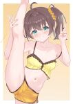  1girl :d ahoge aqua_eyes breasts brown_hair camisole cleavage commentary_request crop_top frilled_camisole frills grin hair_between_eyes hair_ornament hair_scrunchie highres hololive kei_(keiillustrator) leg_up looking_at_viewer natsuiro_matsuri natsuiro_matsuri_(matsuri's_day_off) navel official_alternate_costume orange_shorts paid_reward_available scrunchie short_shorts shorts side_ponytail small_breasts smile solo split standing standing_on_one_leg standing_split stomach straight-on strap_slip v virtual_youtuber yellow_camisole 
