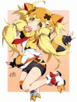  1girl ahoge animal_ear_hood bakemonogatari bandaid bandaid_on_knee bandaid_on_leg bike_shorts black_gloves black_shorts blonde_hair blush_stickers commentary_request commission cosplay donut fingerless_gloves food food_in_mouth full_body gigi_murin gigi_murin_(1st_costume) gigi_murin_(cosplay) gloves hair_through_hood highres hololive hololive_english hood hooded_shrug hoodie long_hair long_sleeves looking_at_viewer low-tied_long_hair monogatari_(series) mouth_hold orange_hood orange_hoodie orange_shrug oshino_shinobu oshinobi_shinobu shirt shorts shrug_(clothing) signature skeb_commission solo thighs very_long_hair virtual_youtuber white_shirt 