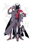  1girl 2boys 7_ps akechi_gorou amamiya_ren black_boots black_cape black_coat black_hair black_jacket black_leotard black_mask_(persona_5) black_ribbon boots cape coat commentary_request full_body gloves hair_between_eyes hair_ribbon high_heel_boots high_heels highres holding holding_mask jacket joker_(persona_5) korean_commentary leotard long_hair long_sleeves mask multiple_boys open_clothes open_jacket persona persona_5 persona_5_the_royal ponytail red_eyes red_gloves red_hair ribbon simple_background smile violet_(persona_5) white_background yoshizawa_kasumi 