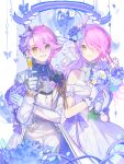  2girls ahoge alcohol blue_flower bouquet bride champagne champagne_flute chinese_commentary closed_mouth commentary_request crossdressing crossdressing_(ftm) cup dress drinking_glass dual_persona flower formal_clothes gloves hair_flower hair_ornament heterochromia highres holding holding_bouquet honkai_(series) honkai_gakuen jacket long_hair long_sleeves looking_at_viewer multicolored_hair multiple_girls pajamas pink_hair purple_eyes purple_hair sharp_teeth short_hair sin_mal sin_mal0909 smile teeth tomboy two-tone_hair wedding_dress white_background white_dress white_gloves white_jacket white_pajamas yellow_eyes 
