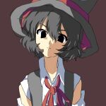  1other anime_coloring bare_shoulders black_eyes black_hat black_vest brown_background closed_mouth collared_shirt commentary_request detached_sleeves determined enraku_tsubakura frown hair_between_eyes hat head_tilt highres kurokoge_karubi len'en messy_hair neck_ribbon red_ribbon ribbon shirt simple_background sleeveless sleeveless_shirt solo top_hat two-sided_fabric two-sided_headwear upper_body vest white_shirt white_sleeves 