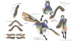  1girl animal_ears black_boots black_hair blue_hoodie boomerang boots cho_kaguya-hime! concept_art forehead_jewel fox_girl highres hiro_(gokinjyo) hood hood_down hoodie instrument japanese_clothes keyboard_(instrument) multiple_views rope sakayori_iroha single_thighhigh tail thighhighs throwing translation_request weaponized_instrument 