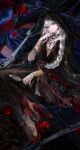 1girl absurdres black_dress black_veil bracer chinese_commentary commentary_request cup dark dress drinking_glass finger_to_mouth full_body grin hand_up high_heels highres holding holding_cup lace-trimmed_veil lace_trim long_braid long_dress looking_at_viewer lying official_alternate_costume on_side oversized_fork oversized_spoon plunging_neckline red_eyes red_shoes reverse:1999 semmelweis_(reverse:1999) semmelweis_(the_wax_and_wane_of_the_heart)_(reverse:1999) shoes sleeveless sleeveless_dress smile solo veil weibo_tang white_hair 