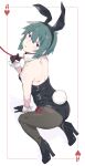  1girl absurdres ace_(playing_card) ace_of_hearts all_fours animal_ear_hairband animal_ears ass black_gloves black_leotard black_pantyhose black_shoes card card_(medium) commentary_request detached_collar fake_animal_ears from_behind gloves green_hair hairband half_gloves heart highres kino_(kino_no_tabi) kino_no_tabi kokuya_(kokuya28) leotard looking_at_viewer looking_back pantyhose playboy_bunny playing_card playing_card_(medium) rabbit_ears rabbit_tail shoes short_hair solo strapless strapless_leotard tail wrist_cuffs 