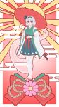  1girl absurdres black_hairband blue_eyes closed_mouth commentary egasumi green_kimono green_skirt grey_hair hairband highres hitodama hitodama_print japanese_clothes katana kimono konpaku_youmu konpaku_youmu_(ghost) looking_at_viewer piaoluo_de_ying_huaban sandals sheath sheathed short_hair skirt solo sword thighhighs touhou weapon white_thighhighs wide_sleeves 