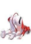  1girl absurdres animal_ears ass asymmetrical_clothes asymmetrical_pants commentary_request face_down from_behind hakos_baelz highres hololive hololive_english hololive_idol_uniform_(bright) idol_clothes ilie_ilie medium_hair mouse_ears mouse_tail multicolored_shirt pants shadow shoes single_pantsleg skindentation tail thigh_strap thighs top-down_bottom-up virtual_youtuber white_background white_pants white_shoes 
