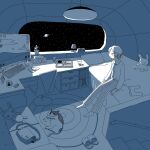  1girl alarm_clock animal barefoot bed bedroom cactus cat chair clock commentary computer_keyboard computer_mouse couch cup desk drinking_glass highres indoors monitor monochrome original pants pill pillow planet planetary_ring rug ryaw short_hair sitting sky space spacecraft_interior stairs star_(sky) starry_sky striped_clothes striped_pants stuffed_animal stuffed_rabbit stuffed_toy tissue_box tray untranslatable_commentary window 