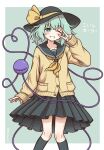  1girl alternate_costume black_hat blush bow cardigan commentary_request contemporary green_eyes green_hair green_sailor_collar green_skirt green_socks grin hat hat_bow heart heart_of_string highres kneehighs komeiji_koishi long_sleeves looking_at_viewer neckerchief one_eye_closed pleated_skirt sailor_collar school_uniform shitacemayo skirt smile socks solo third_eye touhou translation_request v yellow_bow yellow_cardigan yellow_neckerchief 