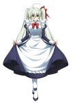  1girl absurdres ahoge apron blue_eyes bow clothes_lift commentary_request commission curtsey dress dress_lift einhard_stratos empty_eyes enmaided green_hair hair_between_eyes hair_bow heterochromia highres lifting_own_clothes long_hair lyrical_nanoha mahou_shoujo_lyrical_nanoha_vivid maid maid_apron mind_control oshimaru026 pixiv_commission purple_eyes simple_background solo tachi-e twintails very_long_hair white_background 
