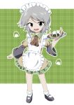  1other absurdres adapted_costume alternate_costume androgynous apron ascot black_shoes black_sleeves brown_ascot brown_dress commentary_request dress enmaided food full_body green_background grey_eyes grey_hair highres holding holding_plate houlen_yabusame kurokoge_karubi len'en light_smile maid maid_apron maid_headdress onigiri other_focus outline plaid_background plate shoes socks solo standing white_outline white_socks 