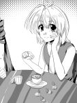 1other 2000s_(style) absurdres androgynous anime_coloring antenna_hair bare_arms bare_shoulders chair closed_mouth creamer_packet cup elbows_on_table faux_retro_artstyle fingernails food greyscale hair_between_eyes hair_undone halftone halftone_background heart heart_antenna_hair heart_in_eye highres holding holding_food japanese_clothes jar kimono kurokoge_karubi len'en lid long_hair monochrome on_chair ooama_no_ake_no_mitori other_focus saucer sitting sleeveless sleeveless_kimono smile solo_focus sugar_cube symbol_in_eye tea teacup white_background 