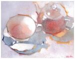  cup film_grain glass hgreeee no_humans object_focus original painterly saucer shadow still_life teacup teapot traditional_media 