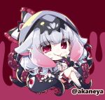  1girl akaneya bandaged_leg bandages black_dress black_shoes blush_stickers bow breasts character_request chibi chibi_only cleavage closed_mouth commentary_request commission copyright_request crossed_legs dress frilled_bow frills full_body gradient_hair grey_bow grey_hair hair_bow long_hair long_sleeves looking_at_viewer multicolored_hair outline pink_hair red_background red_eyes red_outline shoes skeb_commission smile solo tentacles 