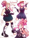  1girl armored_boots artist_name bare_shoulders black_gloves boku_no_hero_academia boots breasts character_name cleavage commentary crosshair_pupils dirty dirty_face english_commentary english_text gloves goggles goggles_on_head green_skirt hatsume_mei highres holding holding_wrench kneeling large_breasts long_hair looking_at_object looking_at_viewer lunalina_malina multiple_views nut_(hardware) open_mouth pink_hair pleated_skirt ponytail ribbed_tank_top sidelocks skirt sleeveless smile standing symbol-shaped_pupils tank_top white_background wrench yellow_eyes 