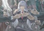  1girl 6+others absurdres ak-15_(erwin)_(girls'_frontline) ak-15_(girls'_frontline) black_jacket braid cigarette commentary_request cxxxl girls'_frontline girls'_frontline_2:_exilium grey_hair gun gun_to_head hair_over_one_eye hand_tattoo highres holding holding_gun holding_lighter holding_weapon jacket lapels lighter lighting_cigarette long_hair looking_at_viewer mouth_hold multiple_others necktie pov pov_hands purple_eyes red_necktie scar scar_on_hand sitting tattoo very_long_hair voymastina_(girls'_frontline_2) weapon 