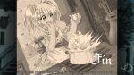  1girl 2000s_(style) anime_coloring apron atelier-moo bow cooking cooking_pot dress explosion failure game_cg hair_between_eyes holding_spice_shaker indoors looking_down maria_short medium_hair non-web_source official_art open_mouth puffy_short_sleeves puffy_sleeves sepia short_sleeves short_twintails smoke solo standing striped_clothes striped_dress surprised twintails v-shaped_eyebrows variant_set wide-eyed yuukyuu_gensoukyoku 