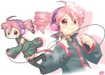  1girl 2000s_(style) ahoge blush chibi chibi_inset collared_shirt detached_sleeves drill_hair headphones holding holding_microphone kasane_teto kasane_teto_(utau) microphone pink_eyes pink_hair shirt smile tumatawa twin_drills utau white_background 