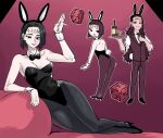  1boy 1girl animal_ear_hairband animal_ears black_leotard bob_cut bow bowtie breasts champagne_bottle champagne_flute cleavage cube cup detached_collar drinking_glass fake_animal_ears fake_tail geto_suguru geto_suguru_(kenjaku) hairband highleg highleg_leotard itadori_kaori japanese_clothes jujutsu_kaisen kenjaku leotard lying multiple_views on_side piercing playboy_bunny possessed prison_realm_(jujutsu_kaisen) rabbit_ear_hairband rabbit_ears rabbit_tail red_background scar scar_on_face scar_on_forehead stitched_face stitched_forehead stitches tail tray vest wanderjegson white_wrist_cuffs wrist_cuffs 