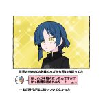  black_shirt blue_hair bocchi_the_rock! bright_pupils closed_mouth commentary_request cube_hair_ornament ear_piercing hair_ornament hairclip high_collar highres mole mole_under_eye parallel_hairclips piercing portrait sabi1234 shirt short_hair side_ahoge sparkle white_pupils yamada_ryo yellow_background yellow_eyes 