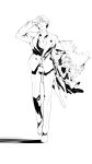  1boy 1girl absurdres adjusting_hair carrying carrying_under_arm commentary dress elbow_gloves fate/strange_fake fate_(series) full_body gilgamesh_(fate) gloves greyscale highres holding_own_wrist jacket lapels looking_at_viewer monochrome notched_lapels pants parted_lips simple_background suit suit_jacket tine_chelc white_background world_(1257843324) 