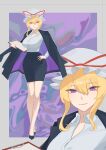  1girl absurdres alternate_costume black_jacket black_shoes black_skirt blonde_hair breasts closed_mouth commentary_request contemporary full_body hair_between_eyes hand_on_own_hip hat hat_ribbon highres holding holding_notepad jacket jacket_on_shoulders large_breasts looking_at_viewer mob_cap multiple_views notepad office_lady palulap purple_eyes red_ribbon ribbon shirt shoes skirt smile touhou white_shirt yakumo_yukari 