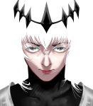  1girl absurdres aegyo_sal blending crown facing_viewer grey_eyes hair_between_eyes highres long_hair looking_at_viewer nephis_(shadow_slave) obscurearty serious shadow_slave solo upper_body white_hair 