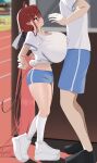  1boy 1girl absurdly_long_hair absurdres animal_ear_fluff animal_ears black_shoes black_wings blue_shorts blurry blurry_background blush breast_press breasts cleavage commentary_request day demon_tail demon_wings from_side full_body height_difference highres huge_breasts long_hair looking_at_another looking_up midriff mini_wings navel nicorima one_ear_down original pointy_ears red_eyes red_hair shirt shoes short_sleeves shorts smile socks solo_focus sportswear standing straight_hair t-shirt tail tied_shirt very_long_hair white_shirt white_shoes white_socks wings 