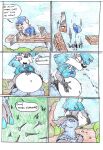 2007 anthro belly big_belly blue_clothing blue_hair canid canine canis clothing comic domestic_pig duo female female_pred hair mammal outside overweight speech_bubble suid suine sus_(pig) text traditional_media_(artwork) virus-20 vore wendy_wolf_(virus-20) wolf