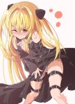  1girl 3; \||/ absurdres artist_name bare_shoulders black_dress blonde_hair blush clenched_hand closed_mouth clothing_cutout commentary detached_sleeves dress dutch_angle embarrassed eyes_visible_through_hair feet_out_of_frame frown hair_between_eyes hair_intakes hand_on_own_thigh hand_up he_shan123 highres konjiki_no_yami leaning_forward legs long_hair long_sleeves looking_at_viewer nose_blush one_eye_closed panties red_eyes red_pupils simple_background skindentation sleeveless sleeveless_dress solo standing star_cutout straight_hair thigh_strap thighs to_love-ru two_side_up underwear upskirt v-shaped_eyebrows very_long_hair white_background white_panties wide_sleeves 