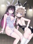  2girls absurdres alternate_costume animal_ear_hairband animal_ears bare_shoulders black_collar black_hair black_leotard blue_eyes blurry blurry_background blush bonnet bow breasts bright_pupils brown_hair cleavage closed_mouth collar collarbone colored_inner_hair columbina_(genshin_impact) commentary_request contemporary cowboy_shot detached_collar fake_animal_ears fake_tail gem genshin_impact hair_ornament hairband highleg highleg_leotard highres indoors lamp large_breasts leotard long_hair long_sidelocks looking_at_viewer multicolored_hair multiple_girls multiple_wings open_mouth playboy_bunny purple_eyes purple_hair purple_streaks r1_kli rabbit_ear_hairband rabbit_ears rabbit_tail red_gem sandrone_(genshin_impact) short_hair_with_long_locks sidelocks smile strapless strapless_leotard streaked_hair sweatdrop tail thigh_strap thighhighs two-tone_hair unusually_open_eyes white_bow white_headdress white_leotard white_thighhighs white_wings white_wrist_cuffs wing_hair_ornament wings wrist_cuffs 