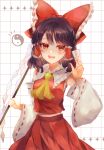 1girl ascot between_fingers blush bow brown_hair chest_sarashi commentary detached_sleeves frilled_bow frilled_hair_tubes frills gohei hair_bow hair_tubes hakurei_reimu highres hikage_(0hi_kageo) holding holding_gohei holding_ofuda long_hair looking_at_viewer ofuda ofuda_between_fingers open_mouth red_bow red_eyes red_skirt ribbon-trimmed_sleeves ribbon_trim sarashi skirt skirt_set smile solo touhou yellow_ascot yin_yang 