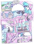 2007 anthro bed belly big_belly blue_clothing blue_hair canid canine canis clothing comic domestic_pig female furniture group hair inside mammal overweight speech_bubble suid suine sus_(pig) text traditional_media_(artwork) trio virus-20 wendy_wolf_(virus-20) wolf