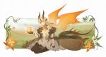  1girl absurdres ahoge arknights black_gloves black_horns black_jacket black_pantyhose blonde_hair border check_commentary closed_mouth commentary_request dragon_girl dragon_horns dragon_tail dragon_wings dress fennefoxa fire flame-tipped_tail flower full_body gloves grass hair_flower hair_ornament hand_up highres horns infection_monitor_(arknights) jacket long_hair looking_at_viewer official_alternate_costume on_ground open_clothes open_jacket orange_flower pantyhose reed_(arknights) reed_the_flame_shadow_(arknights) seiza single_glove sitting smile solo tail ukrainian_commentary white_background white_dress white_flower wings yellow_eyes 