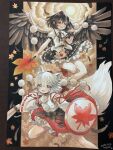  2girls absurdres animal_ears black_hair black_skirt black_wings camera commentary dated detached_sleeves falling_leaves feathered_wings frilled_skirt frills full_body geta hat highres holding holding_camera holding_shield holding_sword holding_weapon inubashiri_momiji leaf looking_at_viewer mosho multiple_girls open_mouth pointy_ears pom_pom_(clothes) puffy_short_sleeves puffy_sleeves red_eyes red_hat red_skirt ribbon-trimmed_sleeves ribbon_trim shameimaru_aya shield shirt short_hair short_sleeves signature skirt sleeveless sleeveless_shirt sword tail tengu tengu-geta tokin_hat touhou weapon white_hair white_shirt wide_sleeves wings wolf_ears wolf_girl wolf_tail 