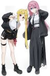  alternate_costume black_jacket black_shorts black_skirt blonde_hair blue_eyes bocchi_the_rock! bow commentary_request eyewear_on_head gotoh_hitori highres ijichi_nijika jacket long_hair necktie open_clothes open_jacket orange_eyes pink_hair pink_nails seisyuntarotto shorts simple_background skirt white_background yellow_nails 