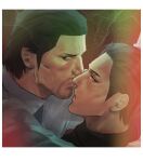  2boys ahoge beard black_eyes black_hair brown_hair cheekbones commentary_request couple dojima_daigo dress_shirt facial_hair hair_slicked_back half-closed_eyes highres imminent_kiss male_focus mine_yoshitaka mullet multiple_boys ryuu_ga_gotoku_(series) ryuu_ga_gotoku_3 serious shirt smoke tyag53 yaoi 