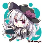  1girl :o akaneya black_hat black_pantyhose blunt_bangs blush_stickers book boots brown_boots character_request chibi chibi_only coat commentary_request commission copyright_request floating floating_book floating_object full_body fur-trimmed_sleeves fur_trim grey_hair hat long_hair long_sleeves looking_at_viewer lowres open_mouth outline outstretched_arm pantyhose pink_eyes skeb_commission solo twitter_username v-shaped_eyebrows very_long_hair white_coat white_outline wide_sleeves 