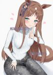  1girl adversarial_noise animal_ears blue_eyes blush breasts brown_hair commentary denim grass_wonder_(umamusume) grey_pants grin hair_ribbon hand_up heart highres horse_ears horse_girl horse_tail index_finger_raised jeans long_hair long_sleeves looking_at_viewer pants ribbed_sweater ribbon simple_background small_breasts smile solo straight_hair striped_ribbon sweater sweater_tucked_in tail turtleneck turtleneck_sweater umamusume white_background white_sweater yamano_rokamizu 
