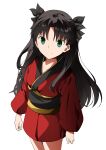 1girl absurdres black_hair black_ribbon commentary_request fate/stay_night fate_(series) green_eyes highres japanese_clothes kimono kishishi_(kishiman-ya) long_hair obi red_kimono ribbon sash short_kimono simple_background smile solo tohsaka_rin white_background 