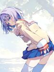  1girl :d \||/ akayama_yukihe ass blazer blue_eyes blunt_ends blush bob_cut clannad commentary covering_ass covering_privates cowboy_shot day from_behind fujibayashi_ryou hair_between_eyes hair_intakes hair_ribbon hand_on_own_ass hand_up highres hikarizaka_private_high_school_uniform jacket leaning_forward looking_at_viewer looking_back medium_hair open_mouth outdoors panties purple_hair ribbon sailor_collar school_uniform serafuku sidelighting sleeves_past_wrists smile solo striped_clothes striped_panties thighhighs thighs underwear v white_ribbon white_sailor_collar white_thighhighs yellow_jacket zettai_ryouiki 