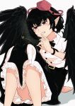  1girl absurdres arm_support black_bow black_bowtie black_skirt black_wings bow bowtie commentary convenient_leg earrings feathered_wings frilled_skirt frills hat highres jewelry looking_at_viewer parted_lips pointy_ears pom_pom_(clothes) red_hat shameimaru_aya shirt short_hair sitting skirt solo suriburi06 tokin_hat touhou white_shirt wings 
