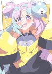  1girl absurdres blue_hair bow-shaped_hair breasts character_hair_ornament criss-cross_halter fake_hair_bun hair_ornament halter_shirt halterneck highres iono_(pokemon) jacket long_hair long_sleeves magnemite medium_breasts multicolored_hair open_mouth oversized_clothes pink_hair pokemon pokemon_scarlet_and_violet sharp_teeth sleeves_past_fingers sleeves_past_wrists smile solo split-color_hair teeth upper_body v-shaped_eyebrows x_(symbol) yellow_jacket yuki_nagisaa 